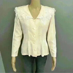 Vintage lace trim pastel  pink long sleeves button down blouse